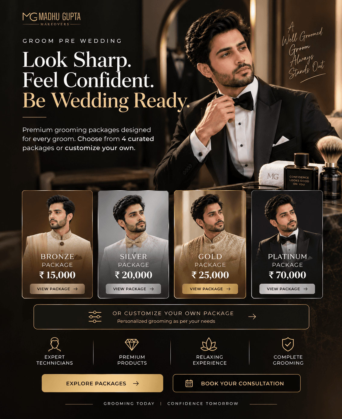 Groom pre-wedding packages in Gurgaon — Bronze, Silver, Gold and Platinum groom packages at MG Makeovers