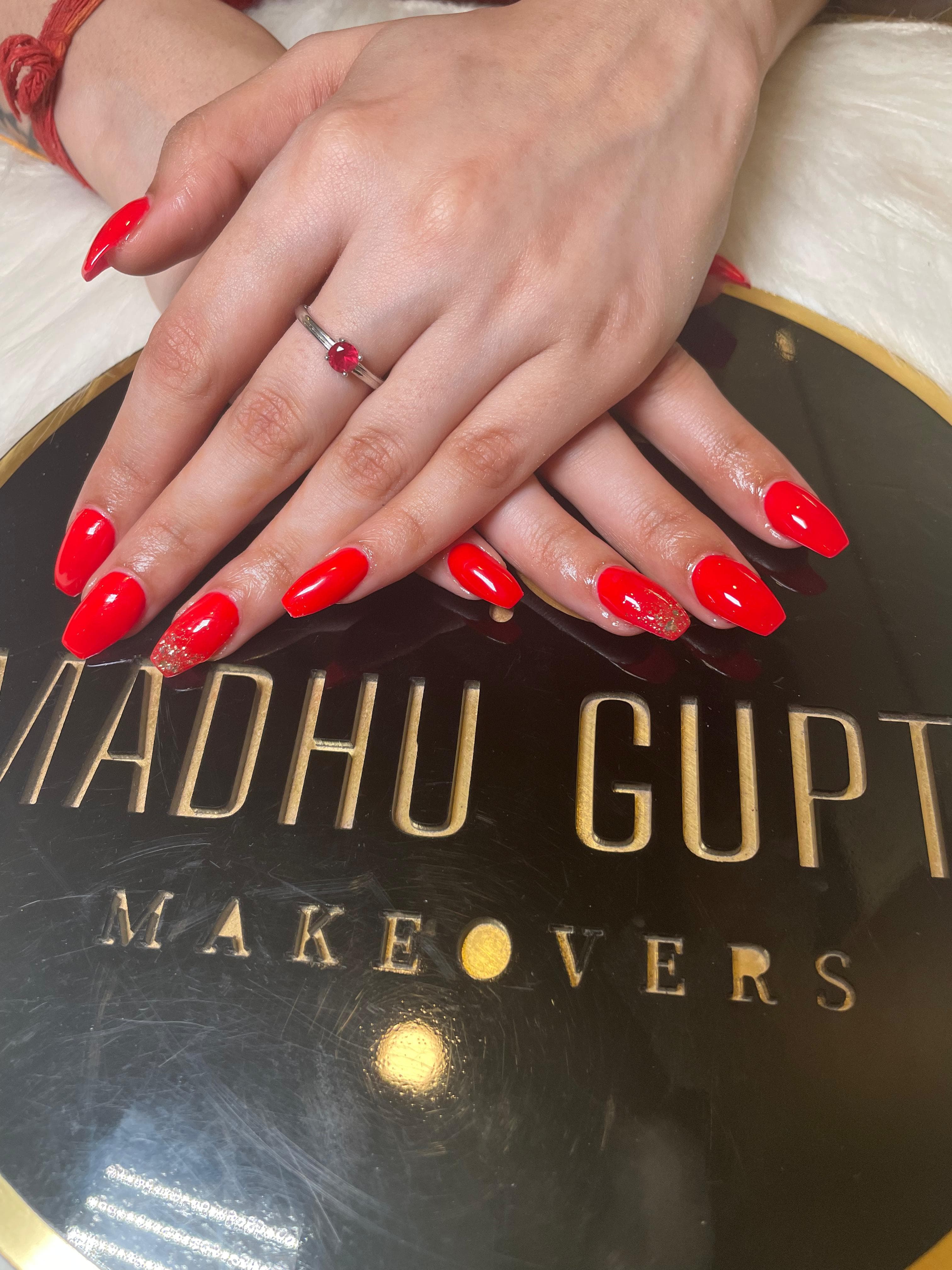 Cherry Red Glitter Accent Nails