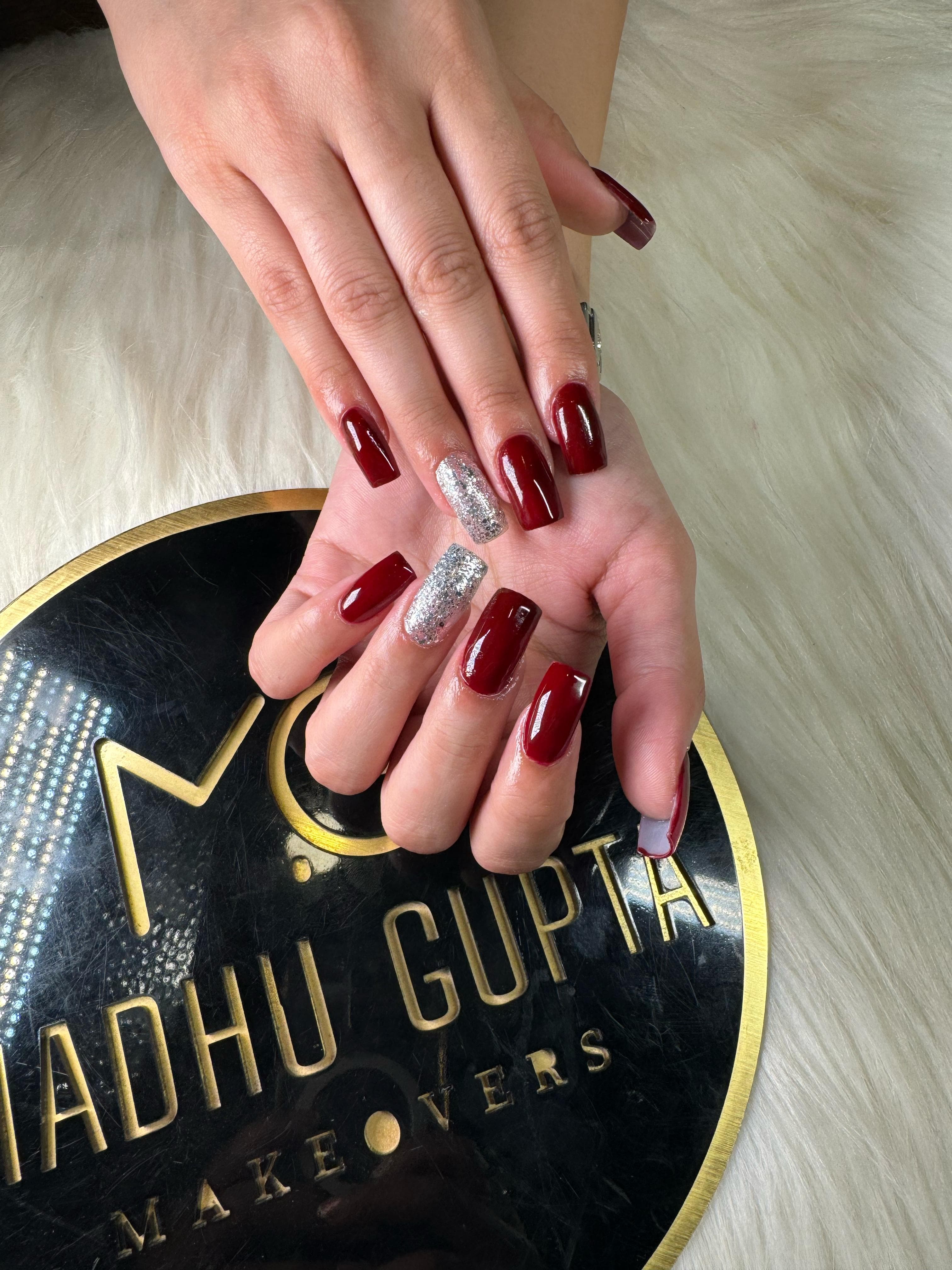 Maroon Red Silver Glitter Accent Nails