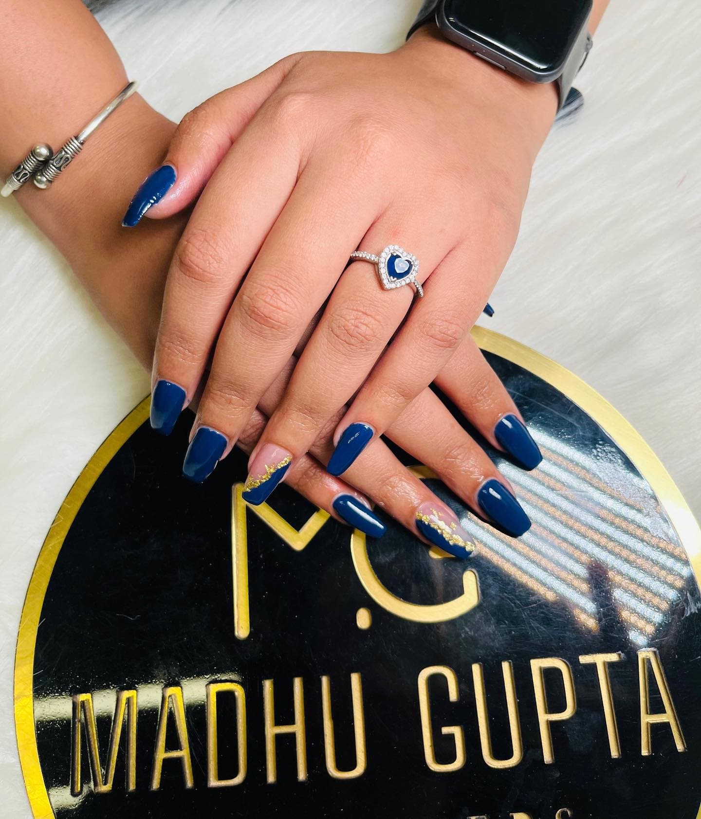 Navy Blue Gold Foil Accent Nails