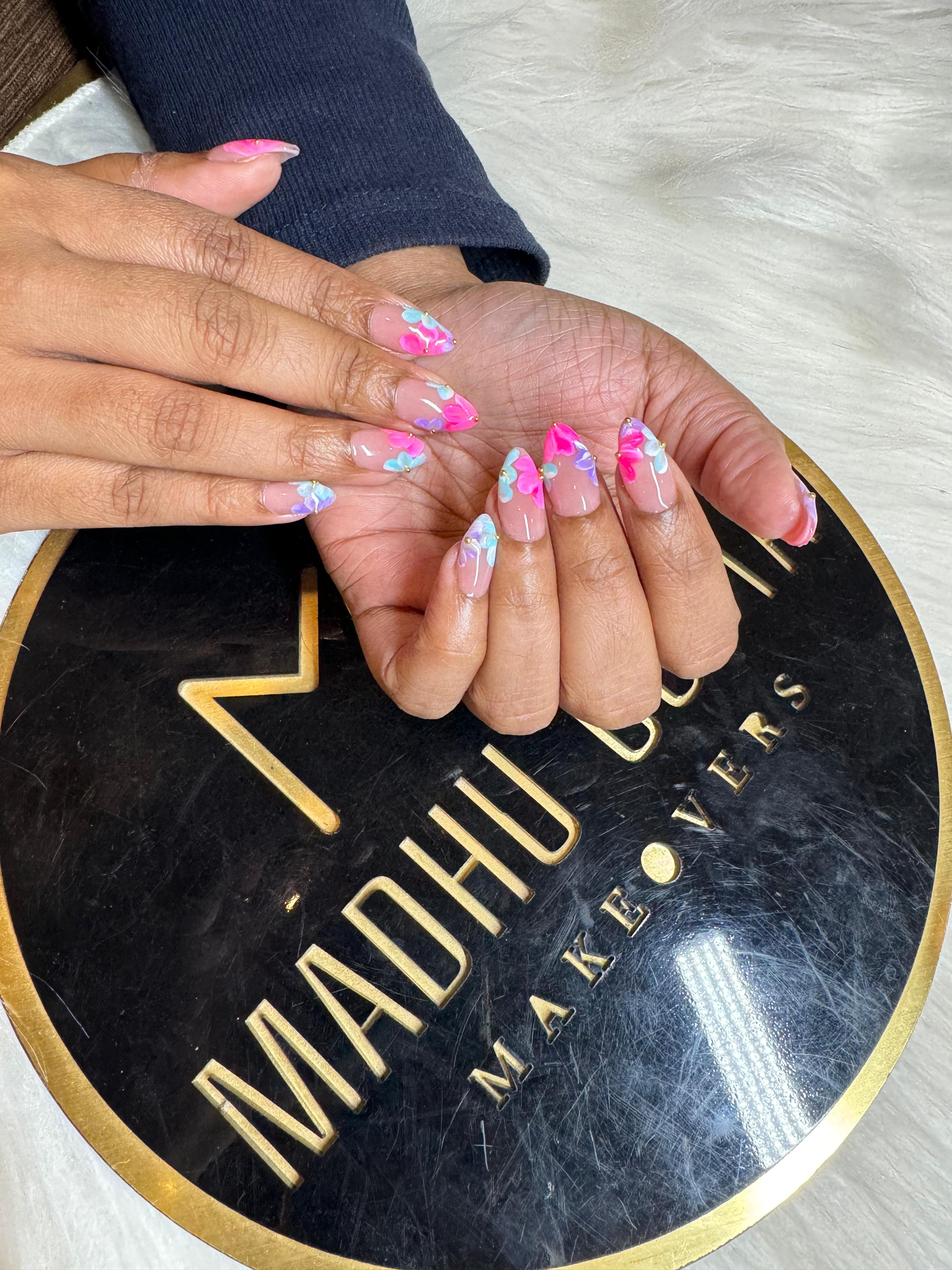 Pink And Blue Floral Almond Nails