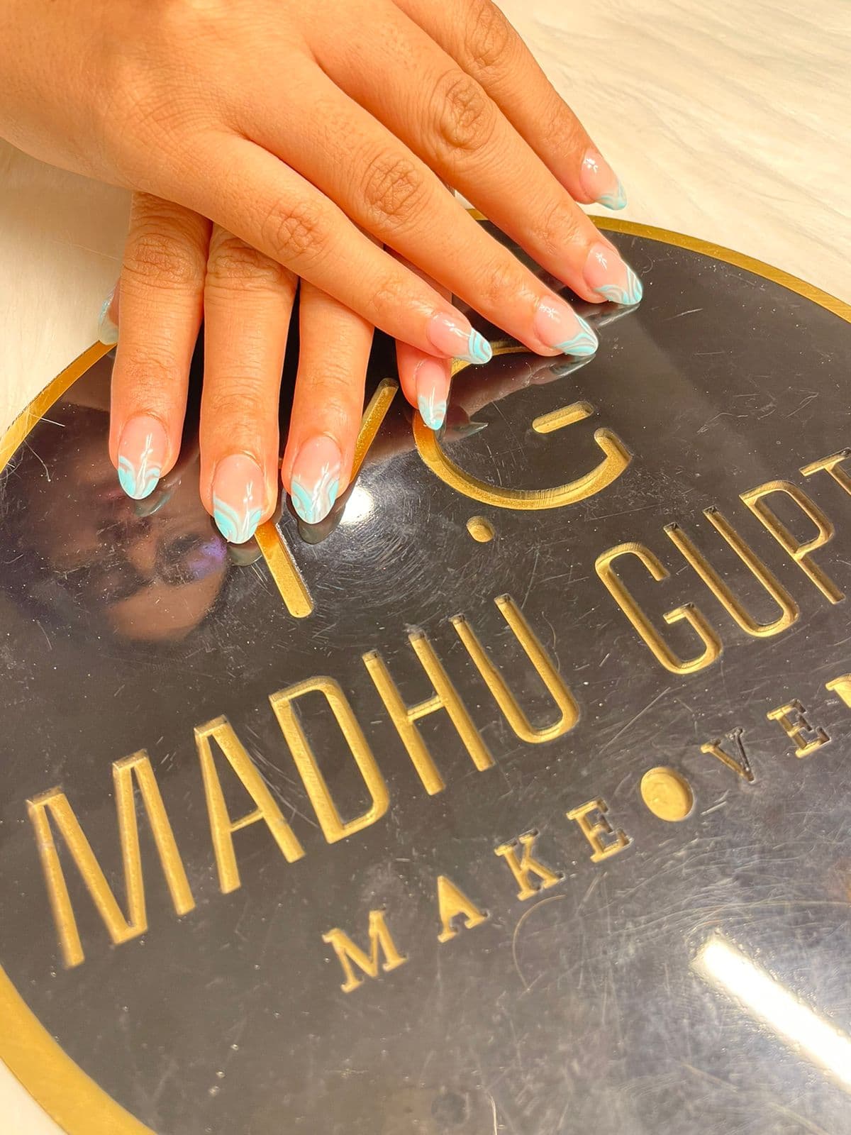 Sky Blue Swirl French Tip Nails