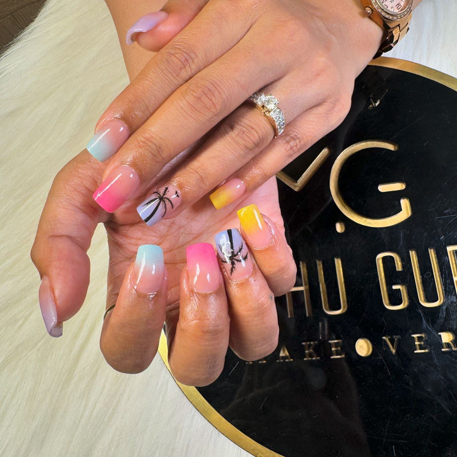 Tropical Palm Tree Rainbow Tips Nails