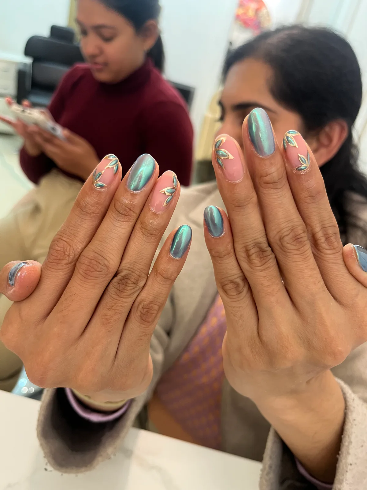 Blue Chrome Floral Nails Blue Chrome Floral Nails nail art design