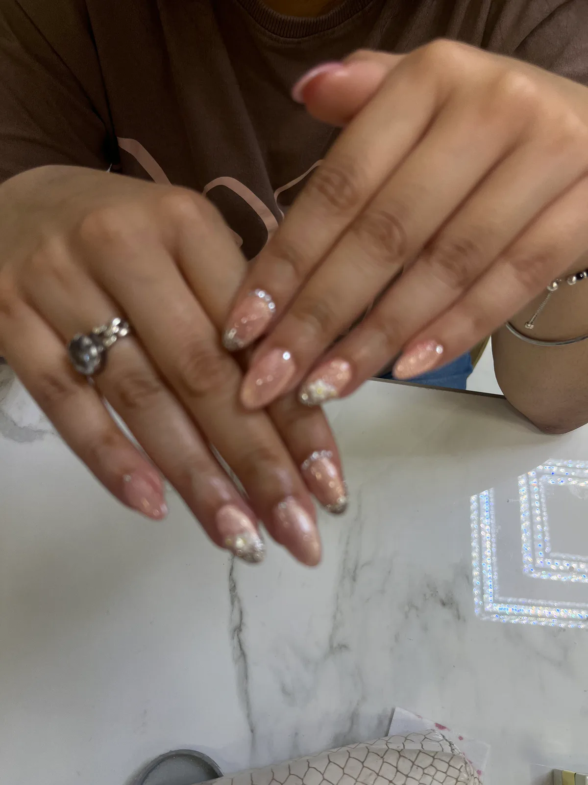 Rose Gold Glitter Nude Almond Nails Rose Gold Glitter Nude Almond Nails nail art design