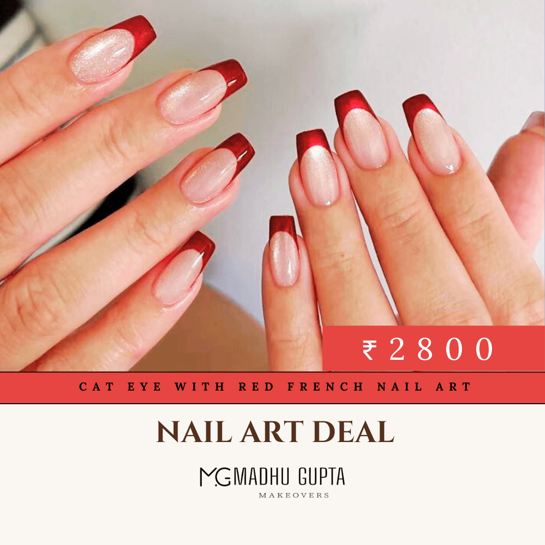 Red French tips with cat eye magnetic gel nail art at MG Makeovers, Gurgaon