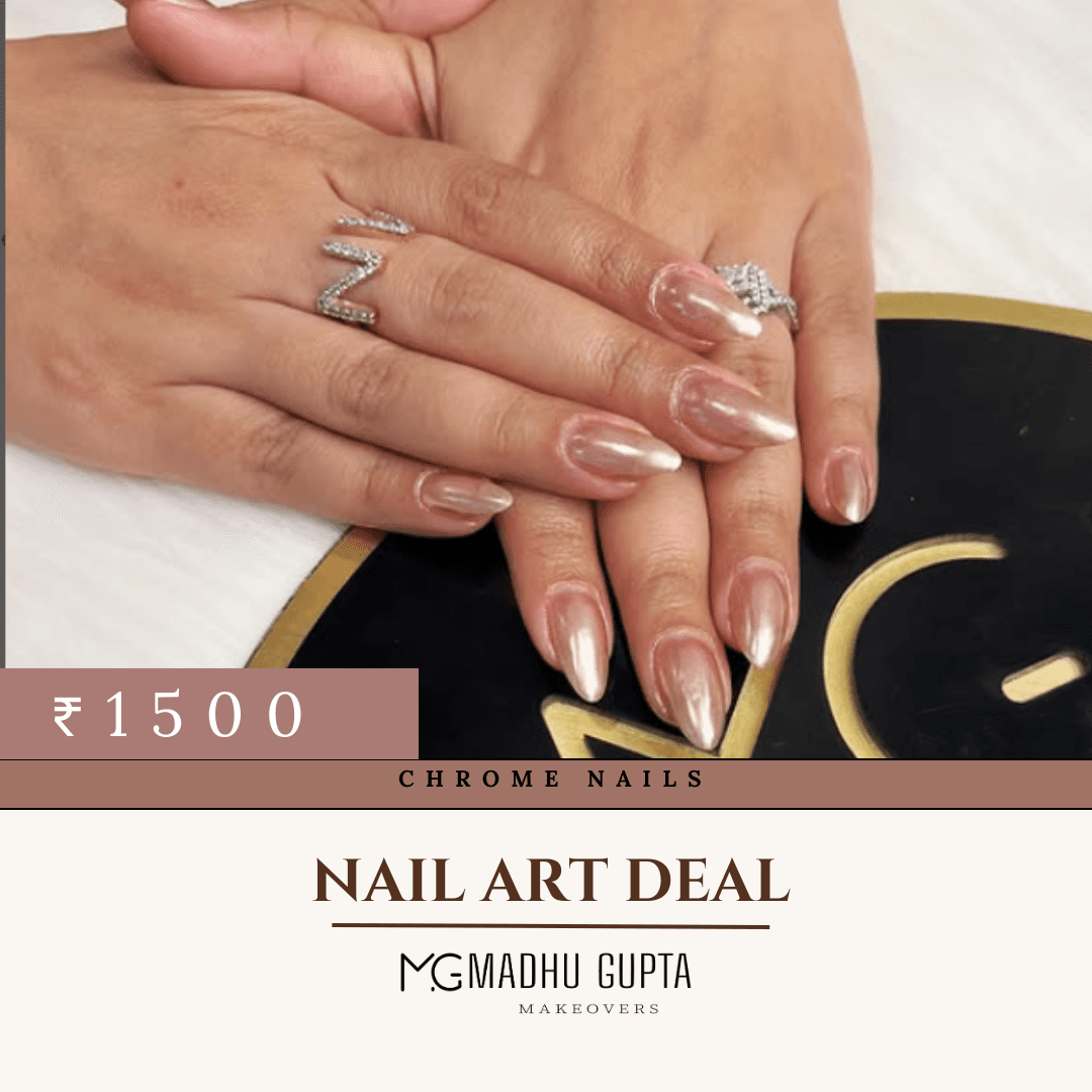 Rose gold chrome mirror finish nails at MG Makeovers, Gurgaon