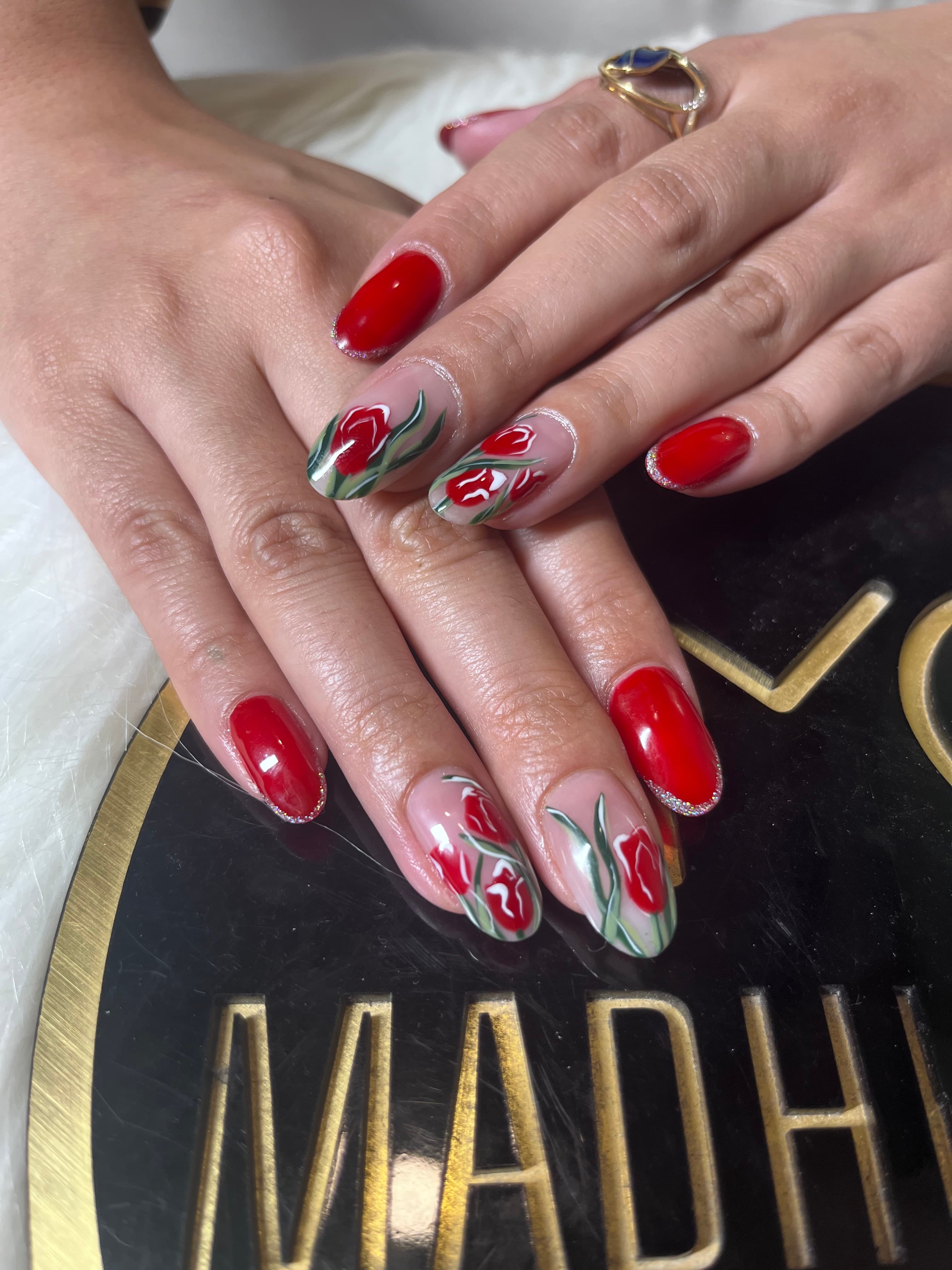 Hand-Painted Roses — nail extensions by MG Makeovers